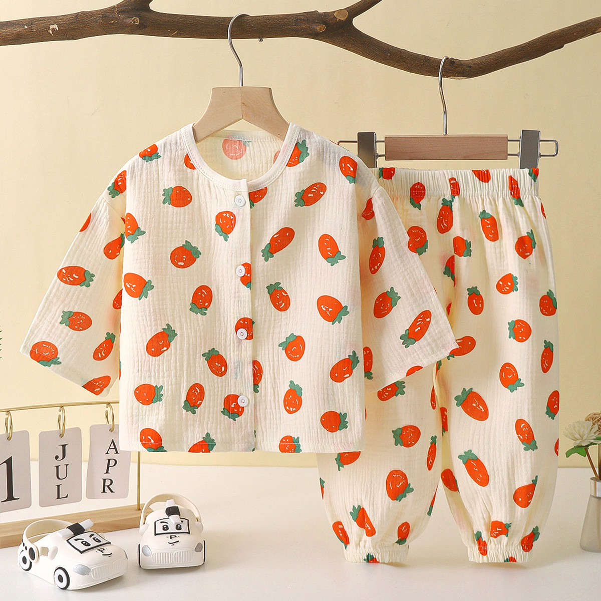 Children's Thin Double-Layer Cotton Gauze Boys' Pajamas Summer Girls' Home Wear Baby Boys' Long-Sleeved Bloomers Suit