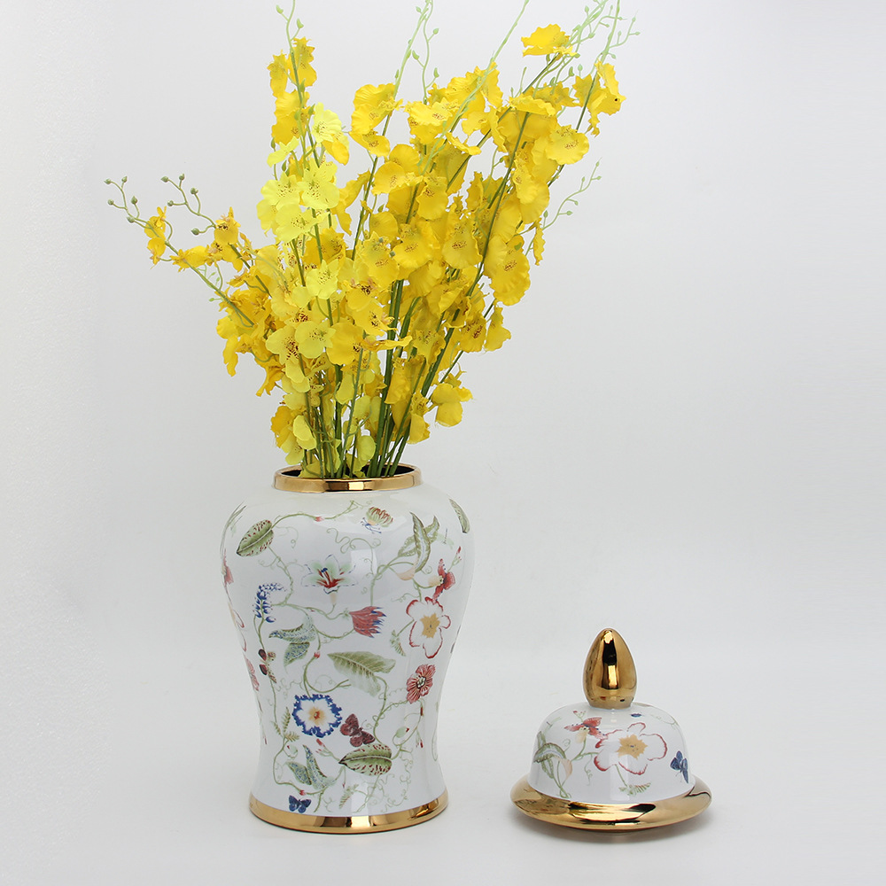 Jingdezhen Vase Ceramic Decoration Light Luxury Flower Bird Butterfly Temple Jar Artware Decorations Flower Arrangement Decoration