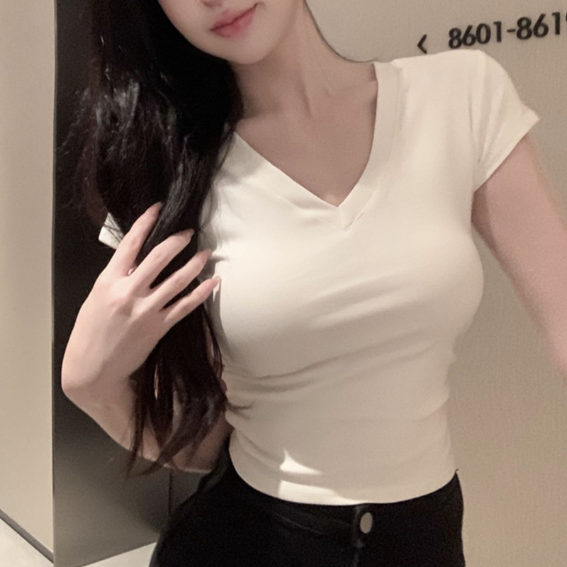 Hot Girl V-neck Women's T-shirt TikTok Cotton Short-Sleeved Shoulder Top Pleated Waist-Tight Slim-Fit Pure Style Women's Clothing
