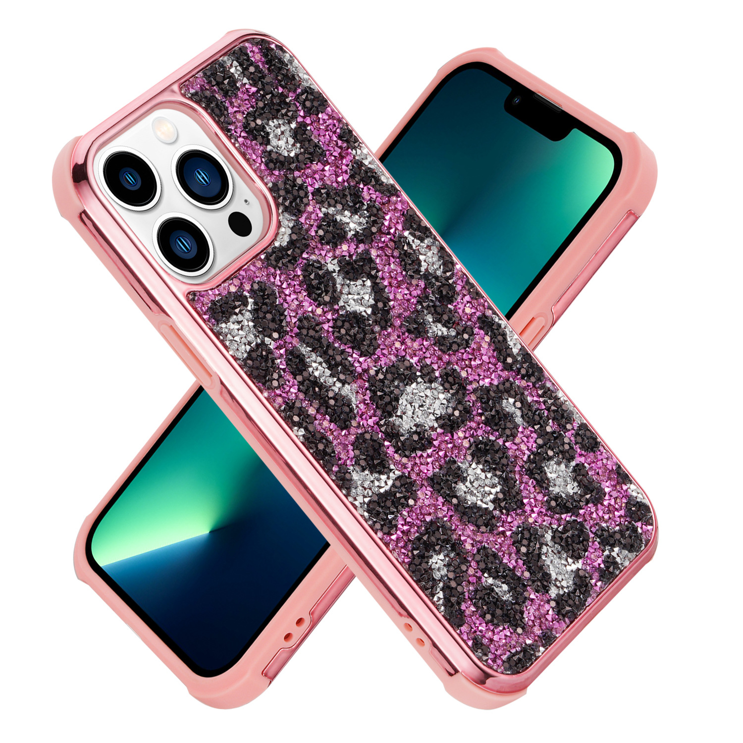 适用iphone13欧美爆款电镀二合一13promax豹纹闪钻全包防摔手机壳