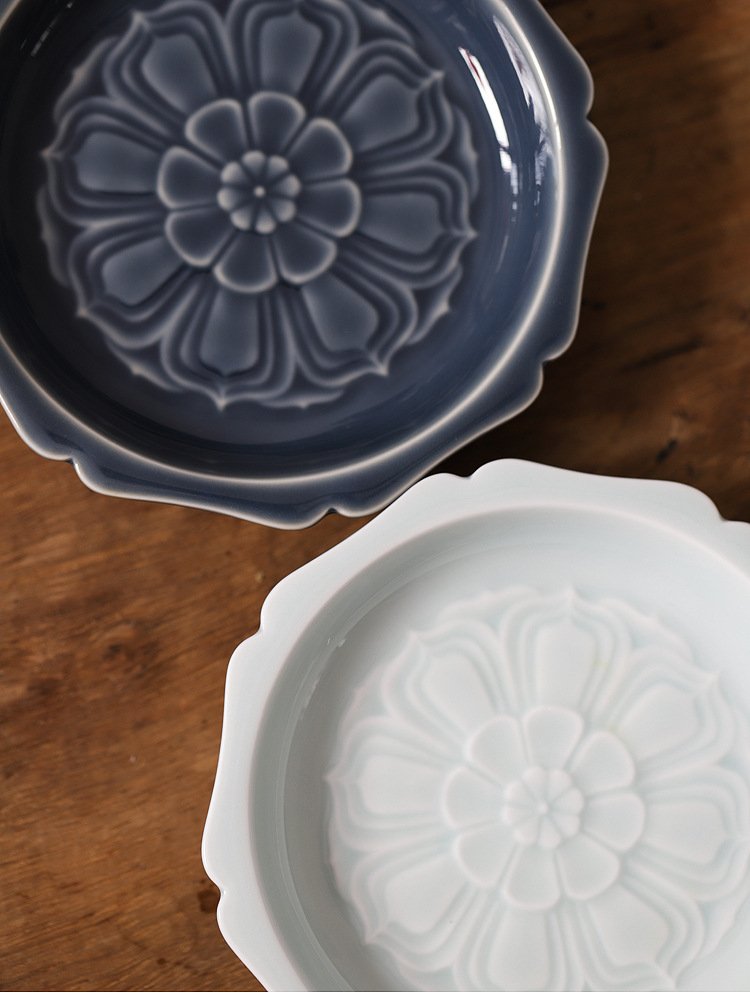 莲花如意盘 景德镇手工陶瓷小茶盘点心盘壶承茶点盘茶道配件