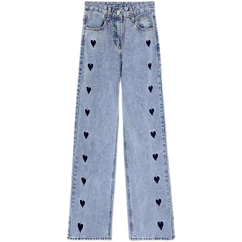   Straight Jeans Female with Hearts 2023 New High Waist Slimming All-Matching Summer Thin oose Drooping Wide eg Pants