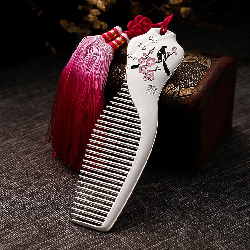 999足银民族梳子东风韵古风女发梳手工足银喜上眉梢梳刮痧送妈妈