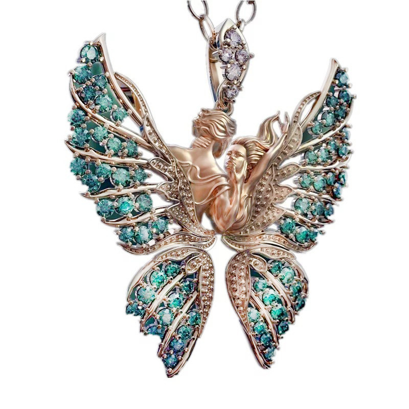 temu热卖跨境新款天使的翅膀镶钻蝴蝶项链欧美夸张风男女情爱链