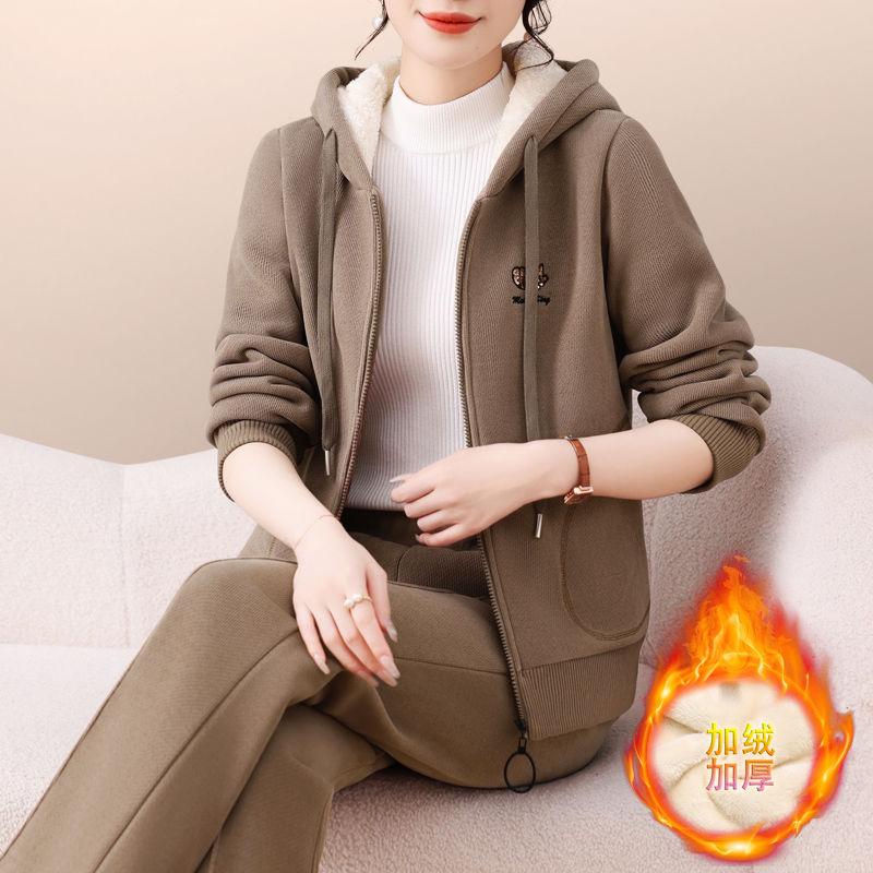 运动套装女秋冬2025新款宽松洋气妈妈加绒加厚连帽卫衣休闲两件套