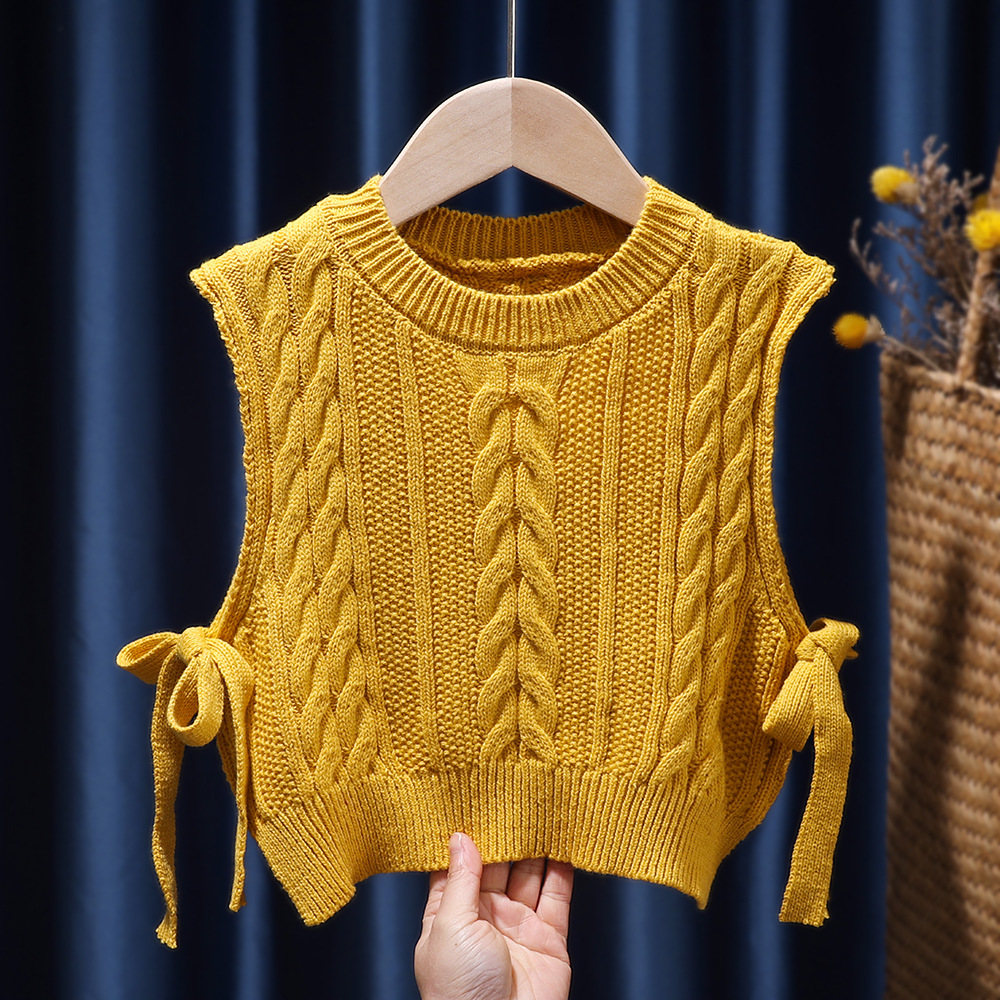 女童毛线背心2022春季新款中小童甜美系带毛衣针织马甲洋气小坎肩