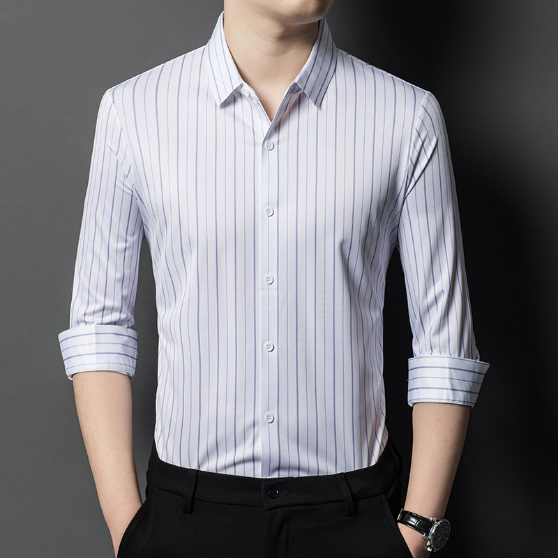 正品高档2024新款长袖商务男士衬衫桑蚕丝条纹免烫衬衣中年爸爸装