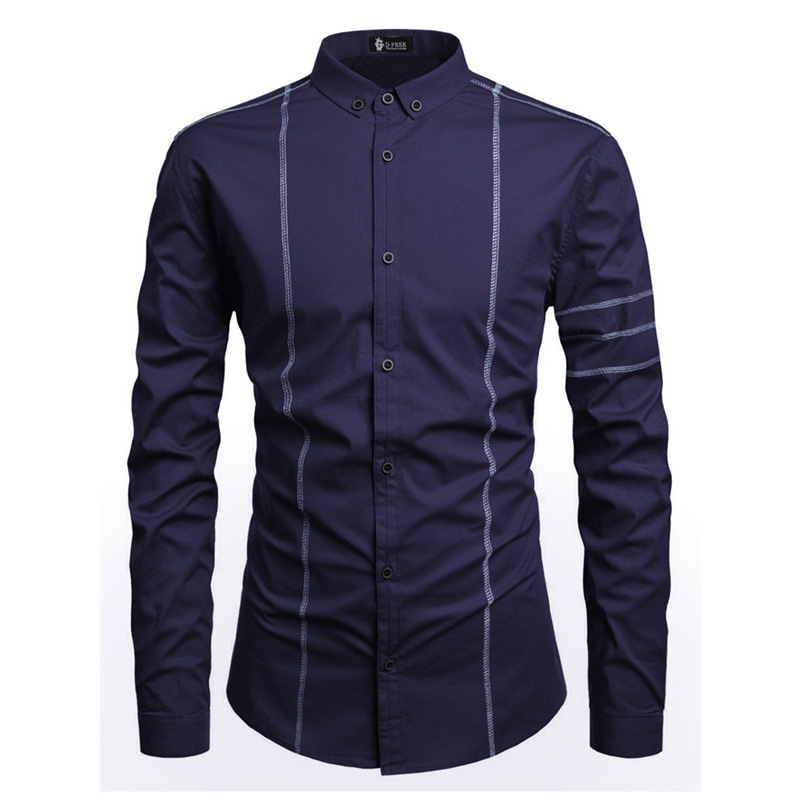 2021跨境外贸男装新品长袖衬衫青年时尚休闲商务明线装饰男士衬衣