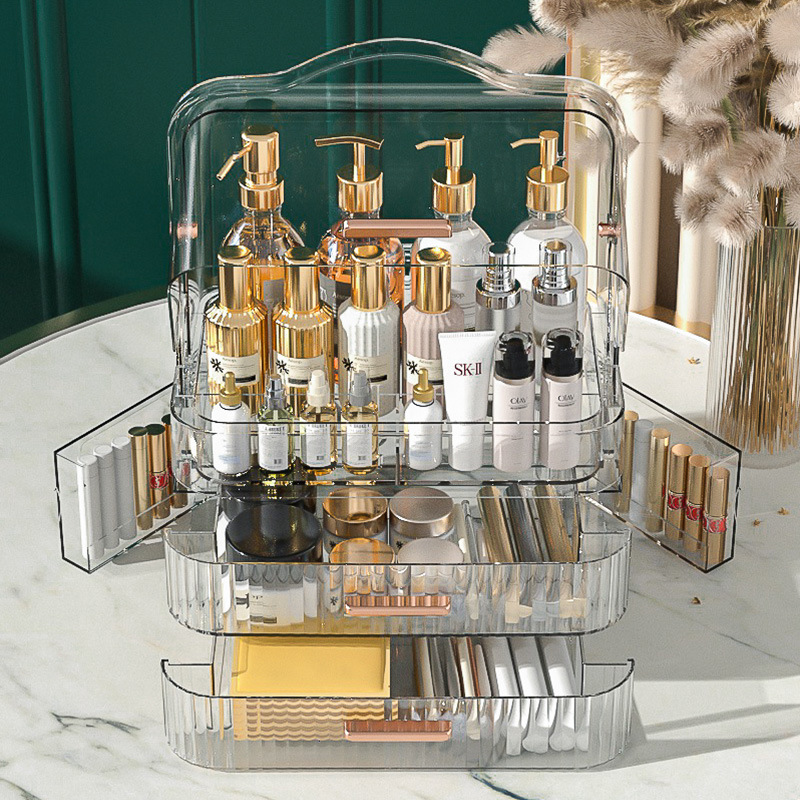 Light Luxury Cosmetics Storage Box Double Door Transparent Covered Dustproof Storage Box Drawer Lipstick Mask Storage Rack