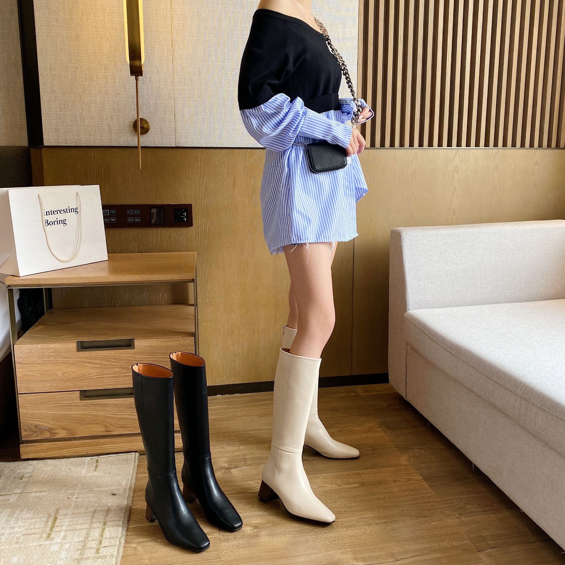 高筒靴子2022年新款秋冬泫雅中筒高跟鞋长筒靴尖头细跟白色长靴女