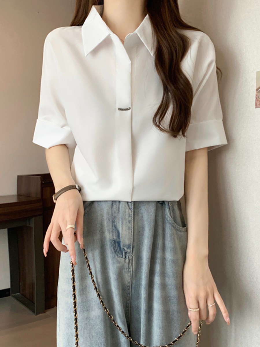 Summer New Design Sense Polo Collar Short-Sleeved White Shirt for Women Loose Casual Half Sleeves Trendy