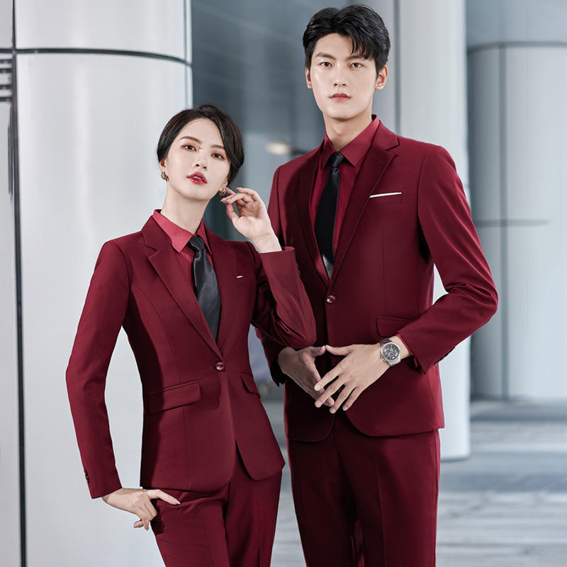 酒红色西装男女同款2022秋冬年会主持人服装男女职业装商务西服套