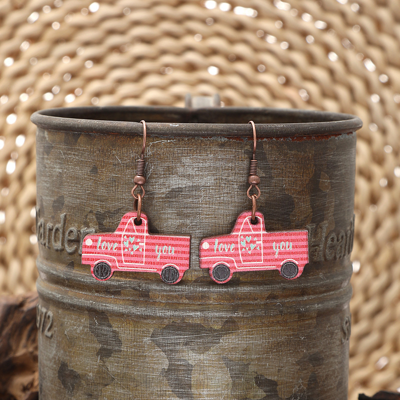 Cross-Border Valentine's Day English Letters Wooden Earrings Car Shape Earring Pendant for Ladies Aliexpress Amazon