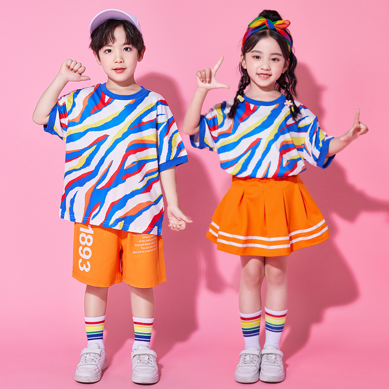 六一儿童啦啦队演出服可爱风彩条短袖套装小学生幼儿园表演服装夏