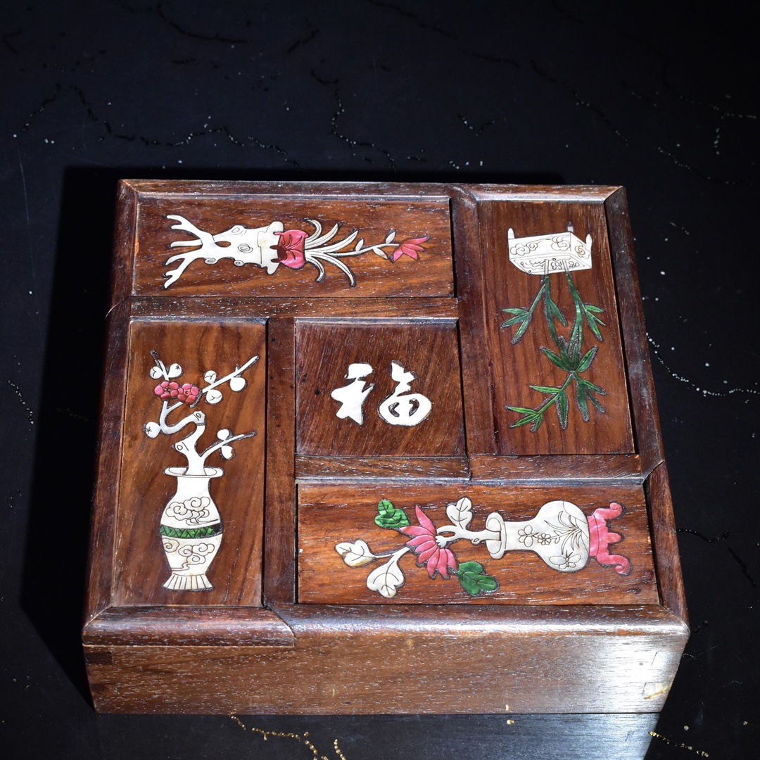 古玩杂项木雕工艺品花梨木镶嵌贝壳梅兰竹菊福字多开盒首饰盒