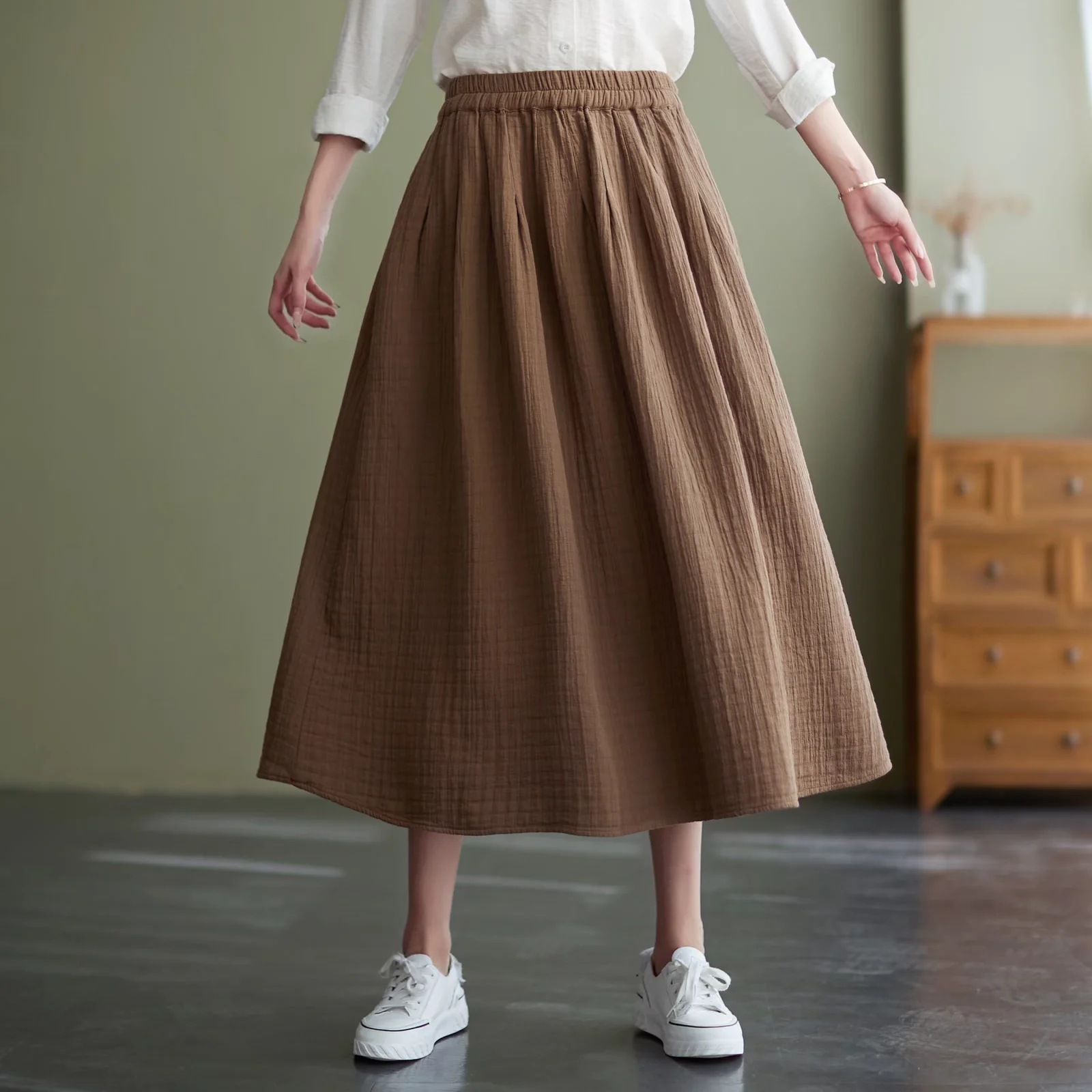 韩版春秋新款复古文艺百搭高腰松紧腰宽松显瘦中长a字裙半身裙女