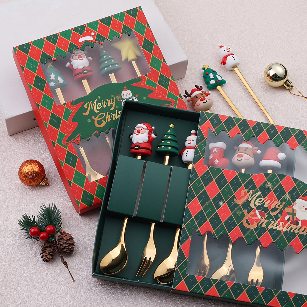 Q Christmas Spoon Tableware Set Snowman Elk Coffee Spoon Santa Claus Fruit Fork Doll Spoon Fork Gift