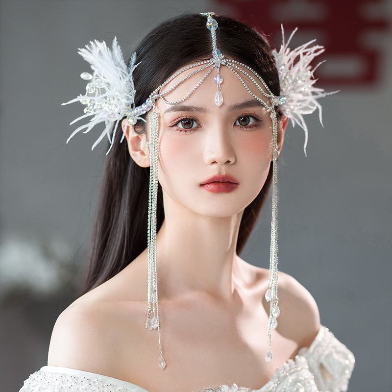 2023新款新娘头饰白色羽毛超仙额链发饰优雅时尚气质流苏造型对夹