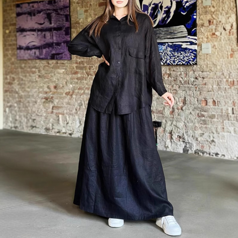 欧美跨境2025春秋季新款女士复古大码翻领长袖衬衫裙休闲两件套