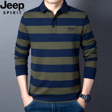 jeepspirit长袖t恤男士纯棉宽松大码春秋季休闲翻领条纹polo衫