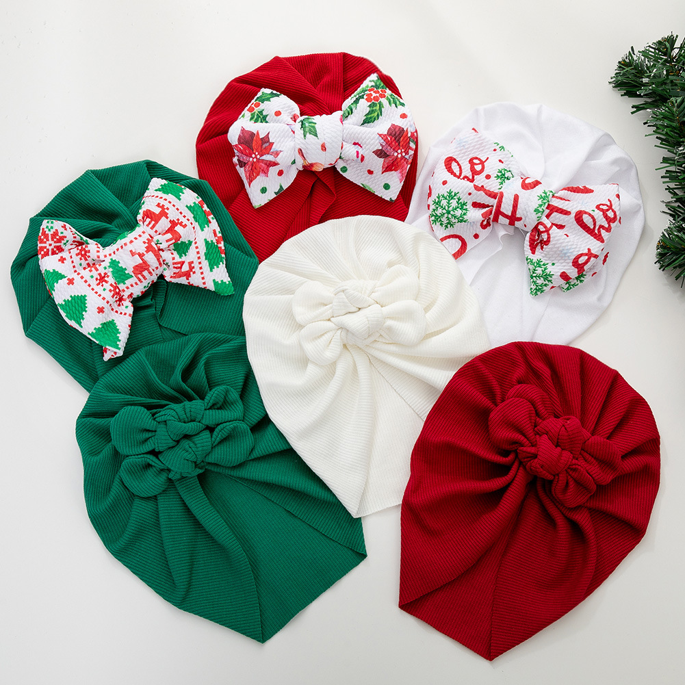 2023 New Children's Color Matching Sleeve Cap Christmas Printing Bow Baby Indian Hat Cross-Border Autumn and Winter Babies'