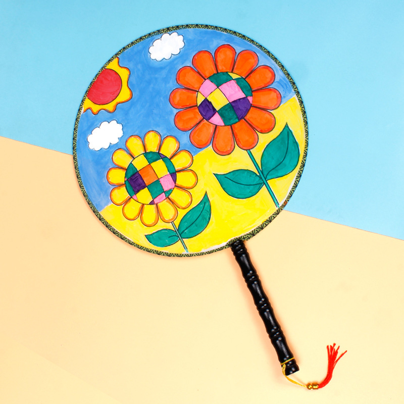 手绘扇子颜料涂鸦填色儿童diy创意绘画圆形宫廷扇地摊玩具
