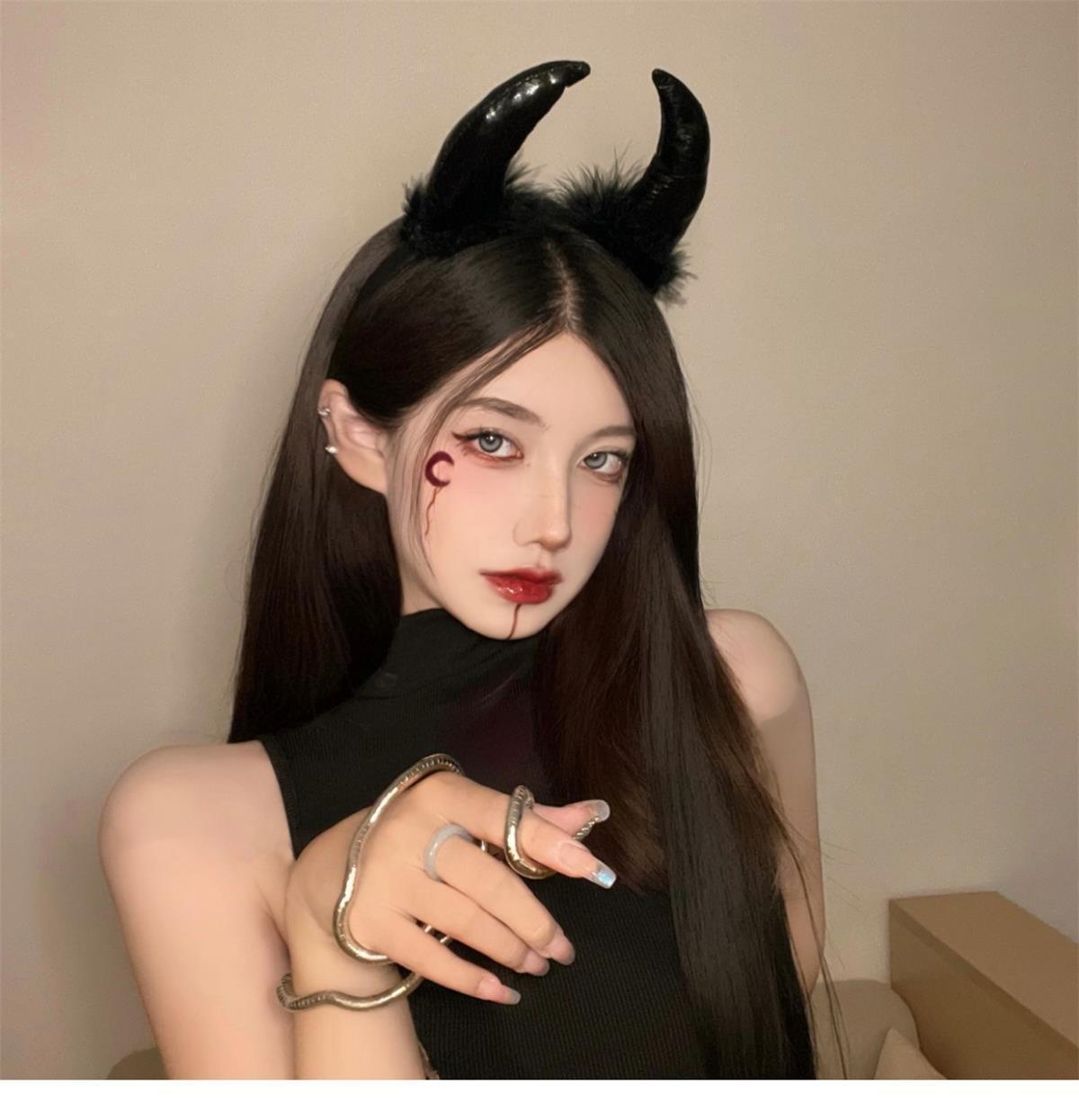 暗黑万圣节头饰头箍恶魔精灵耳朵牛角装扮发夹发饰女发箍拍照道具