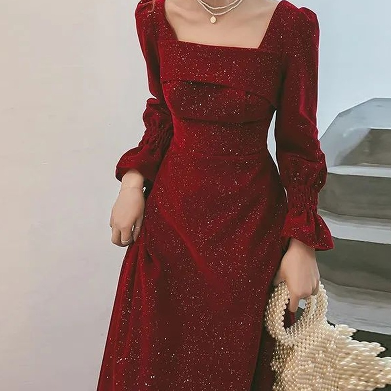 敬酒礼服秋冬新款小礼服裙长款优雅酒红色连衣裙收腰显瘦平时可穿