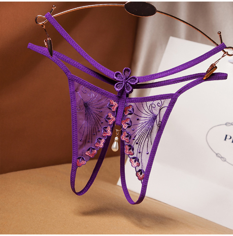 轻薄低腰弹力透视开档情趣内裤女开叉性惑刺绣透气丁字裤情侣挑逗
