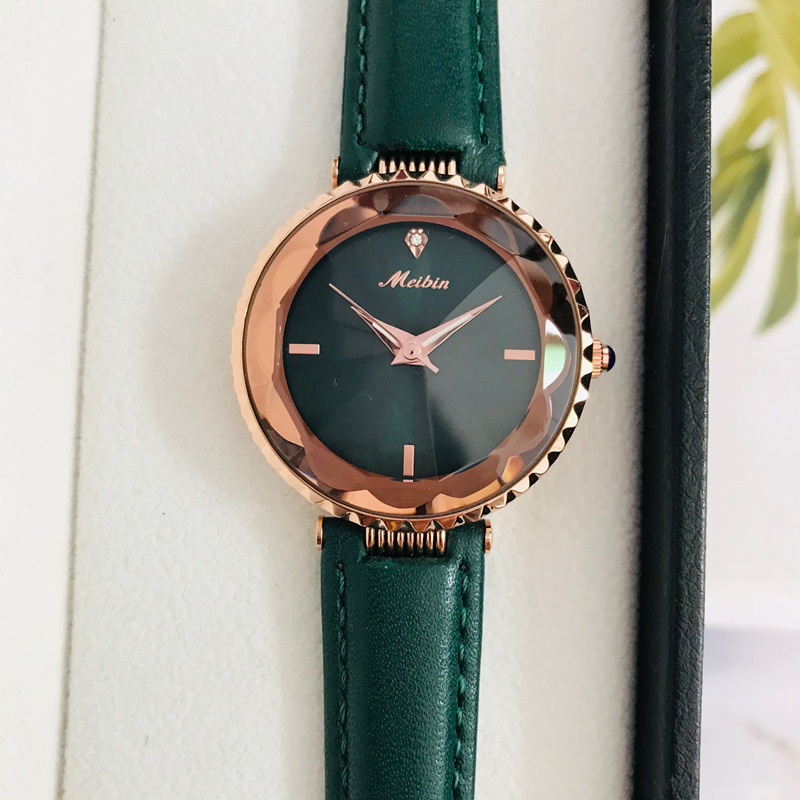 美宾手表女表女士菱形镜面绿色皮带抖音直播爆款高档品牌时尚防水