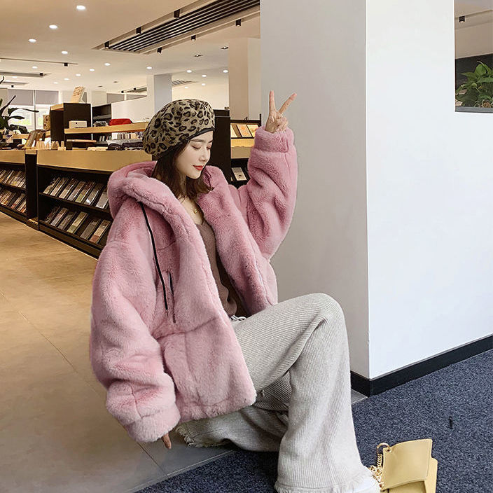 2022 Autumn and Winter New Imitation Fur Coat Women's Imitation Rex Rabbit Fur Hooded Plush Coat Loose Warm image