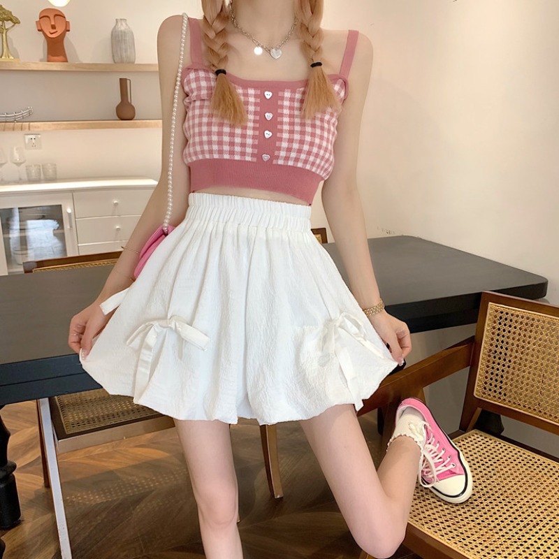 日系软妹花苞阔腿短裤子女夏季辣妹高腰可爱白色灯笼裤南瓜裤薄款
