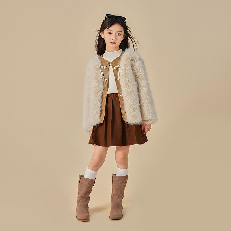 女童2023秋冬装新款时尚仿皮草外套小女孩保暖衣服中大童童装大衣