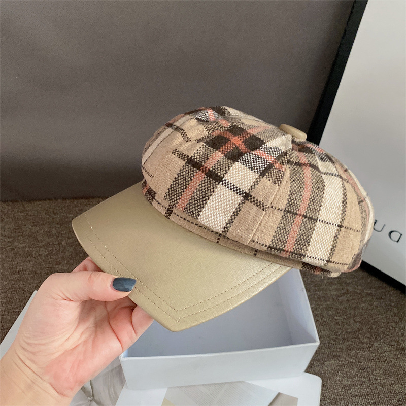 秋冬款方形pu皮檐拼色条纹格子八角海军帽日系英伦复古时装帽潮