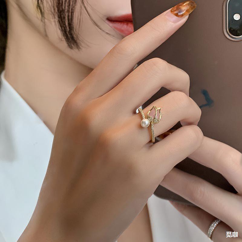 郁金香花苞珍珠戒指女时尚小众设计食指戒日韩网红指环手饰女