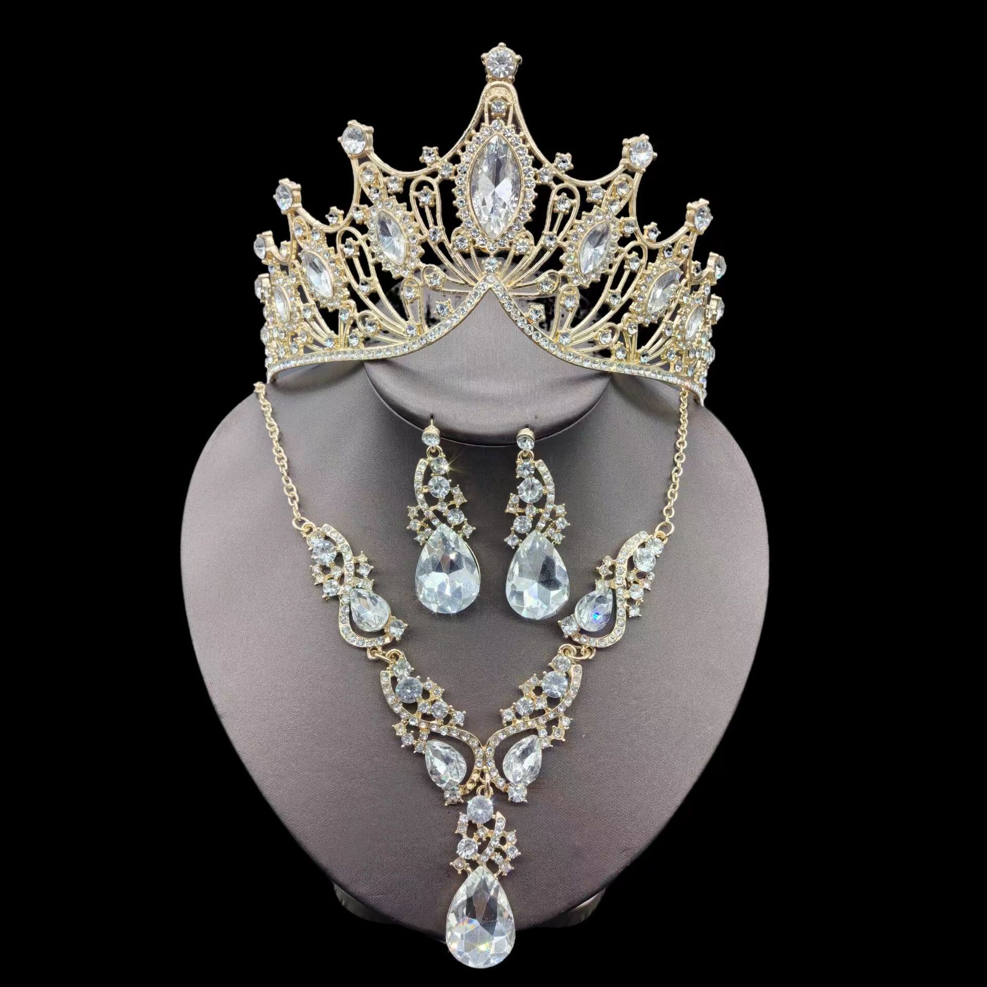 新款欧美新娘饰品项链耳环套装三件套水钻头饰结婚皇冠配饰