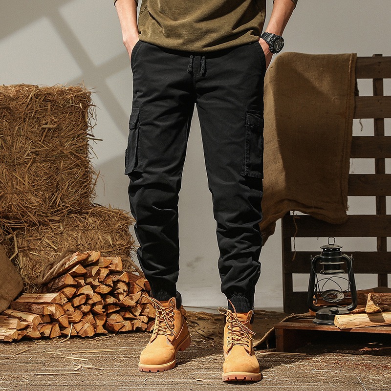 Spring and Autumn Washed-out Vintage Casual Pants Men‘s Ankle-Tied Zipper Overalls Men‘s Multi-Pocket Trousers Sports Trousers Cotton Elastic Pants