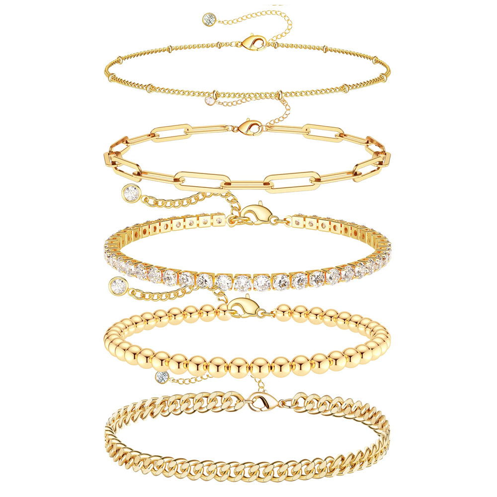 European and American New Stainless Steel Foot Ornaments Fashion Cuban Link Chain Hemp Flowers Chain 5-Piece Anklet Set Beach Layered Anklet