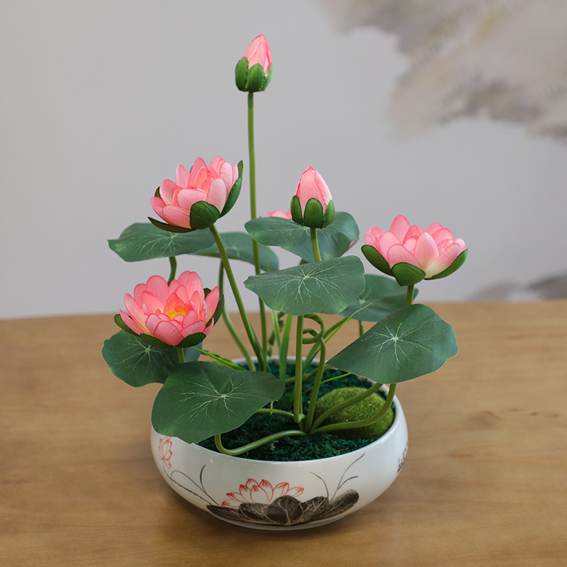 仿真莲花摆件睡莲花盆禅意花艺中国风佛前供花空调上的装饰花