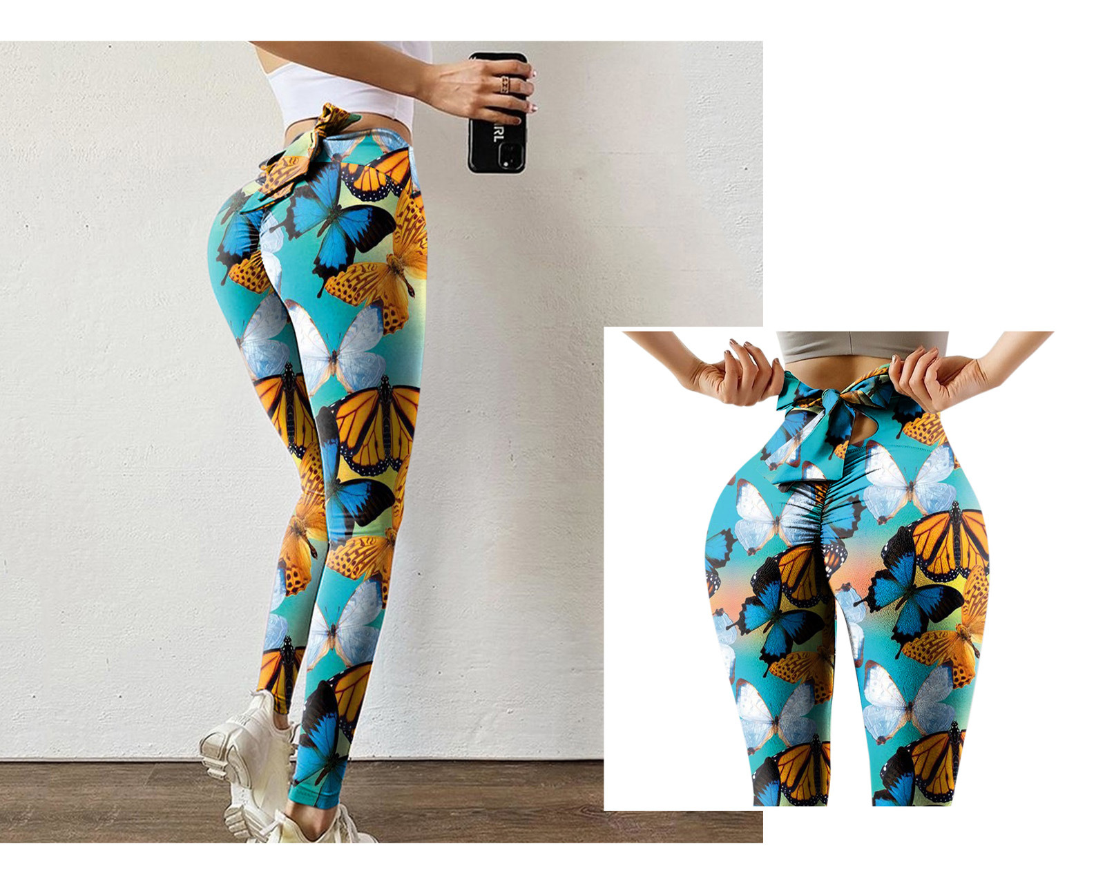 欧美外贸夏季新款女士休闲不定位印花绑带蝴蝶结蜜桃臀瑜伽健美裤