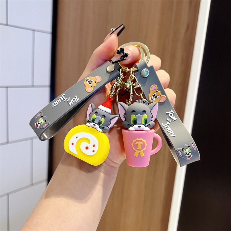 Creative Cartoon Cat and Mouse Keychain Cute Tea Cup Cat and Mouse Cheese Mouse Key Chain Men's and Women's Handbags Pendant