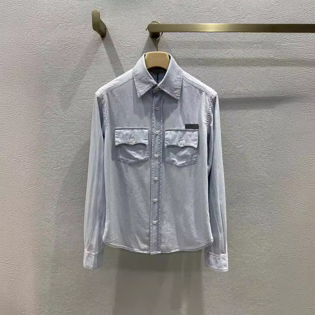 南油高端女装休闲百搭水洗棉经典女式衬衣浅蓝色徽标口袋简约衬衫