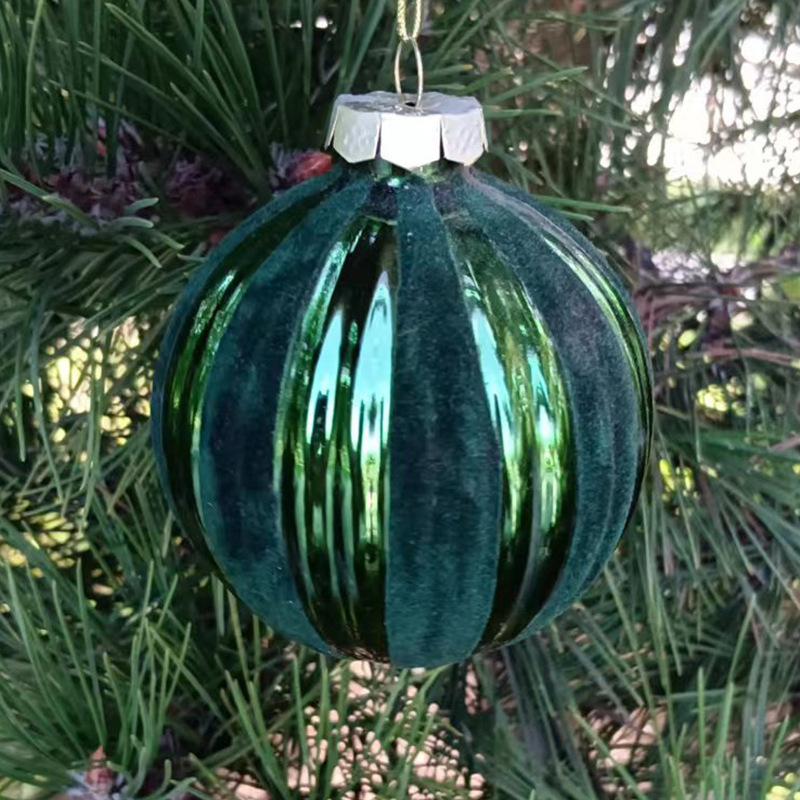 Factory Wholesale Christmas Glass Crafts Christmas Tree Pendant Color Flocking Striped Christmas Glass Hanging Ball