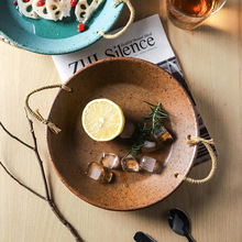 粗陶麻绳盘子日式复古陶瓷餐具家用双耳加深菜盘汤盘碟西餐盘
