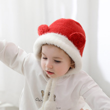 新款冬季儿童保暖毛线帽拼色圆耳朵里布针织帽男女童富贵宫庭帽子