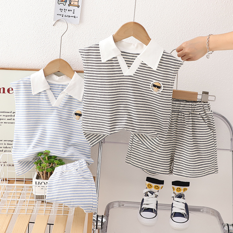 2024 New Children's Cartoon Short Sleeve Suit Girls' Summer Clothes Boys' Korean Style Shorts Girls' Baby Boys' Striped Short Sleeve