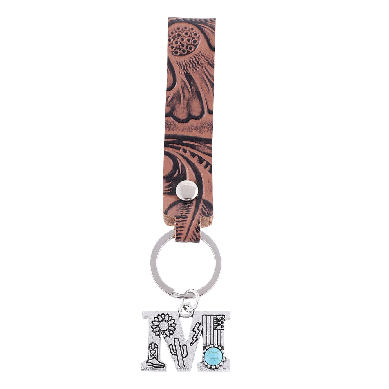 A Variety of Brown Leather Pattern Keychain Alloy Word Farm Sign Mother Natural Turquoise Cross-Border European and American Amazon