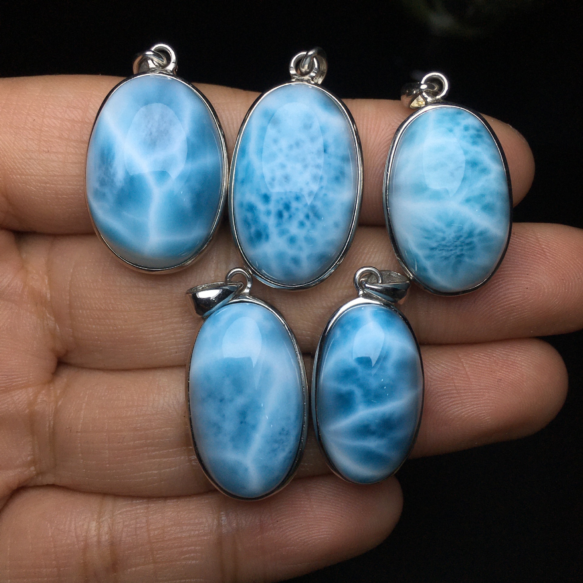 925银镶嵌爆款热销天然海纹石水滴型椭圆形吊坠生日治愈小礼物饰