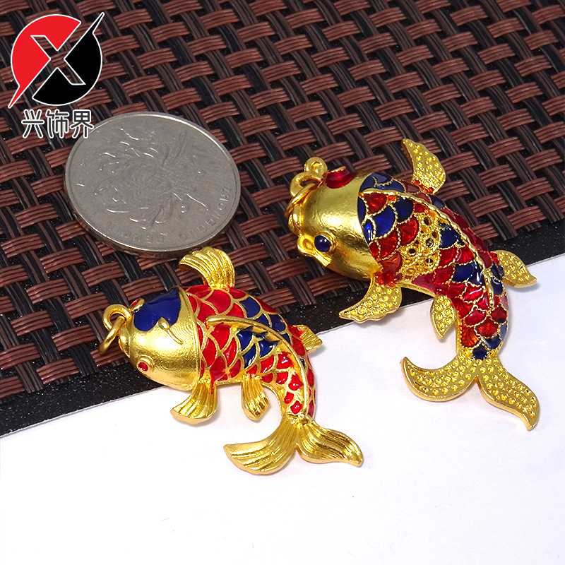 国潮好运锦鲤景泰蓝挂饰哑金鲤鱼手工diy 大吊坠鱼跃车挂饰品批发