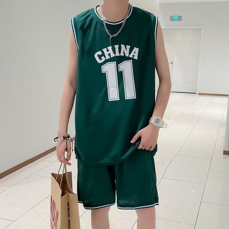 套装男夏季篮球服短袖港风假两件t恤宽松短裤情侣运动休闲两件套